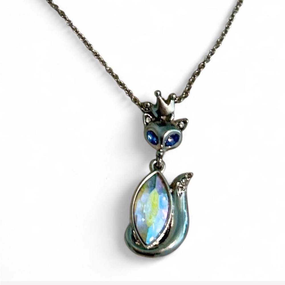 Y2K Betsey Johnson Silver Cat Crown Necklace Blue Accents Rhinestones HTF